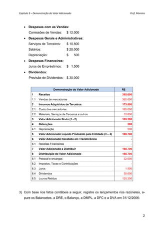 Capítulo 9 – Demonstração do Valor Adicionado                                     Prof. Moreira 




     Despesas com as Vendas:
        Comissões de Vendas:             $ 12.000
     Despesas Gerais e Administrativas:
        Serviços de Terceiros:           $ 10.800
        Salários:                        $ 20.000
        Depreciação:                     $       500
     Despesas Financeiras:
        Juros de Empréstimos:            $ 1.500
     Dividendos:
        Provisão de Dividendos: $ 30.000


                              Demonstração do Valor Adicionado              R$
           1     Receitas                                                   365.000
           1.1   Vendas de mercadorias                                      365.000
           2     Insumos Adquiridos de Terceiros                            175.800
           2.1   Custo das mercadorias                                      165.000
           2.2   Materiais, Serviços de Terceiros e outros                   10.800
           3     Valor Adicionado Bruto (1 - 2)                             189.200
           4     Retenções                                                       500
           4.1   Depreciação                                                     500
           5     Valor Adicionado Líquido Produzido pela Entidade (3 – 4)   188.700
           6     Valor Adicionado Recebido em Transferência                        -
           6.1   Receitas Financeiras                                              -
           7     Valor Adicionado a Distribuir                              188.700
           8     Distribuição do Valor Adicionado                           188.700
           8.1   Pessoal e encargos                                          32.000
           8.2   Impostos, Taxas e Contribuições                                   -
           8.3   Juros                                                        1.500
           8.4   Dividendos                                                  30.000
           8.5   Lucros Retidos                                             125.200




3) Com base nos fatos contábeis a seguir, registre os lançamentos nos razonetes, a-
    pure os Balancetes, a DRE, o Balanço, a DMPL, a DFC e a DVA em 31/12/2006:




                                                                                             2
 