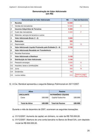 Capítulo 9 – Demonstração do Valor Adicionado                                                                                                     Prof. Moreira 

                                              Demonstração do Valor Adicionado
                                                          (em R$)


                        Demonstração do Valor Adicionado                                                          R$              Item do Exercício
  1        Receitas                                                                                                 12.000
  1.1      Vendas de mercadorias                                                                                    12.000                    E
  2        Insumos Adquiridos de Terceiros                                                                            6.400
  2.1      Custo das mercadorias                                                                                      6.400                   F
  2.2      Materiais, serviços de terceiros e outros                                                                         -
  3        Valor Adicionado Bruto (1 - 2)                                                                             5.600
  4        Retenções                                                                                                     500
  4.1      Depreciação                                                                                                   500                  O
  5        Valor Adicionado Líquido Produzido pela Entidade (3 – 4)                                                   5.100
  6        Valor Adicionado Recebido em Transferência                                                                        -
  6.1      Receitas financeiras                                                                                              -
  7        Valor Adicionado a Distribuir                                                                              5.100
  8        Distribuição do Valor Adicionado                                                                           5.100
  8.1      Pessoal e encargos                                                                                         3.500                   K
  8.2      Impostos, taxas e contribuições                                                                               300                  L
  8.3      Juros                                                                                                         500                  N
  8.4      Dividendos                                                                                                    190
                                                                                                                                   Reserva Legal +
  8.5      Lucros retidos                                                                                                610
                                                                                                                                   Res. Lucros Exp.



5) A Cia. Rentável apresentou o seguinte Balanço Patrimonial em 30/11/2007:


                                      Ativo                                                        Passivo 
                  CIRCULANTE                                            PATRIMÔNIO LÍQUIDO
                      Caixa                                     100.000     Capital Subscrito                                    100.000 
                                                                                                                                         
                      Total do Ativo                            100.000    Total do Passivo                                      100.000 


      Durante o mês de dezembro de 2007, ocorreram as seguintes transações:


      a) 01/12/2007: Aumento de capital, em dinheiro, no valor de R$ 700.000,00.
      b) 01/12/2007: Abertura de uma conta bancária no Banco do Brasil S/A, com depósito
            inicial de R$ 650.000,00.


                                                                                                                                                            20
 