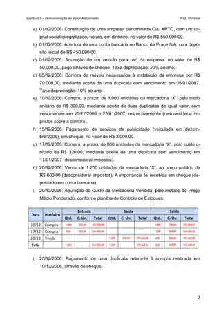 Capítulo 9 – Demonstração do Valor Adicionado                                                            Prof. Moreira 

    a) 01/12/2006: Constituição de uma empresa denominada Cia. XPTO, com um ca-
         pital social integralizado, no ato, em dinheiro, no valor de R$ 550.000,00.
    b) 01/12/2006: Abertura de uma conta bancária no Banco da Praça S/A, com depó-
         sito inicial de R$ 450.000,00.
    c) 01/12/2006: Aquisição de um veículo para uso da empresa, no valor de R$
         50.000,00, pago através de cheque. Taxa depreciação: 20% ao ano.
    d) 05/12/2006: Compra de móveis necessários à instalação da empresa por R$
         70.000,00, mediante aceita de uma duplicata com vencimento em 05/01/2007.
         Taxa depreciação: 10% ao ano.
    e) 10/12/2006: Compra, a prazo, de 1.000 unidades da mercadoria “X”, pelo custo
         unitário de R$ 300,00, mediante aceite de duas duplicatas de igual valor, com
         vencimentos em 25/12/2006 e 25/01/2007, respectivamente (desconsiderar im-
         postos sobre a compra).
    f) 15/12/2006: Pagamento de serviços de publicidade (veiculada em dezem-
         bro/2006), em cheque, no valor de R$ 3.000,00.
    g) 17/12/2006: Compra, a prazo, de 800 unidades da mercadoria “X”, pelo custo u-
         nitário de R$ 320,00, mediante aceite de uma duplicata com vencimento em
         17/01/2007 (desconsiderar impostos).
    h) 20/12/2006: Venda de 1.200 unidades da mercadoria “X”, ao preço unitário de
         R$ 600,00 (desconsiderar impostos). A importância foi recebida em cheque (de-
         positado em conta bancária).
    i)   20/12/2006: Apuração do Custo da Mercadoria Vendida, pelo método do Preço
         Médio Ponderado, conforme planilha de Controle de Estoques:

                                Entrada                          Saída                          Saldo 
   Data    Histórico 
                        Qtd.    C. Un.      Total       Qtd.    C. Un.     Total       Qtd.    C. Un.       Total 
  10/12  Compra         1.000    300,00    300.000,00                                  1.000   300,00      300.000,00

  17/12  Compra          800     320,00    256.000,00                                  1.800   308,89      556.000,00

  20/12  Venda                                          1.200   308,89    370.668,00    600    308,89      185.332,00

  Total                 1.800      -       556.000,00   1.200     -       370.668,00    600    308,89      185.332,00



    j)   25/12/2006: Pagamento de uma duplicata referente à compra realizada em
         10/12/2006, através de cheque.




                                                                                                                        3
 