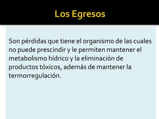 Son pérdidas que tiene el organismo de las cuales
no puede prescindir y le permiten mantener el
metabolismo hídrico y la eliminación de
productos tóxicos, además de mantener la
termorregulación.
 