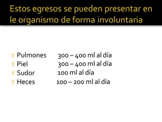  Pulmones
 Piel
 Sudor
 Heces
300 – 400 ml al día
300 – 400 ml al día
100 ml al día
100 – 200 ml al día
 