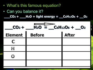 • What’s this famous equation?
• Can you balance it?
___CO2 + ___H2O + light energy = __C6H12O6 + __O2
___CO2 + ___H2O = __C6H12O6 + __O2
Element Before After
 
