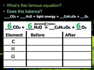 • What’s this famous equation?
• Does this balance?
___CO2 + ___H2O + light energy = __C6H12O6 + __O2
___CO2 + ___H2O = __C6H12O6 + __O2
Element Before After
 
