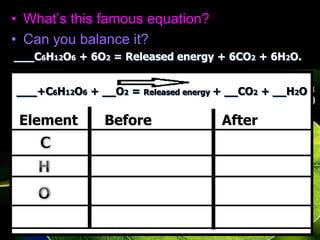 • What’s this famous equation?
• Can you balance it?
___C6H12O6 + 6O2 = Released energy + 6CO2 + 6H2O.
___+C6H12O6 + __O2 = Released energy + __CO2 + __H2O
Element Before After
 