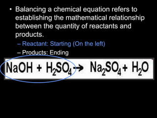 • Balancing a chemical equation refers to
establishing the mathematical relationship
between the quantity of reactants and
products.
– Reactant: Starting (On the left)
– Products: Ending
 