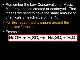 • Remember the Law Conservation of Mass:
Matter cannot be created or destroyed. That
means we need to have the same amount of
chemicals on each side of the .
• For this reason, put a square around the
chemical formulas.
• Example
 