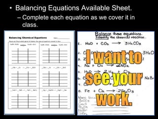• Balancing Equations Available Sheet.
– Complete each equation as we cover it in
class.
 