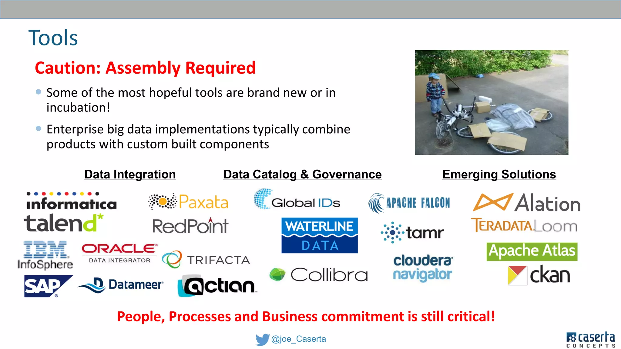 @joe_Caserta
Caution: Assembly Required
 Some of the most hopeful tools are brand new or in
incubation!
 Enterprise big data implementations typically combine
products with custom built components
Tools
People, Processes and Business commitment is still critical!
Data Integration Data Catalog & Governance Emerging Solutions
 