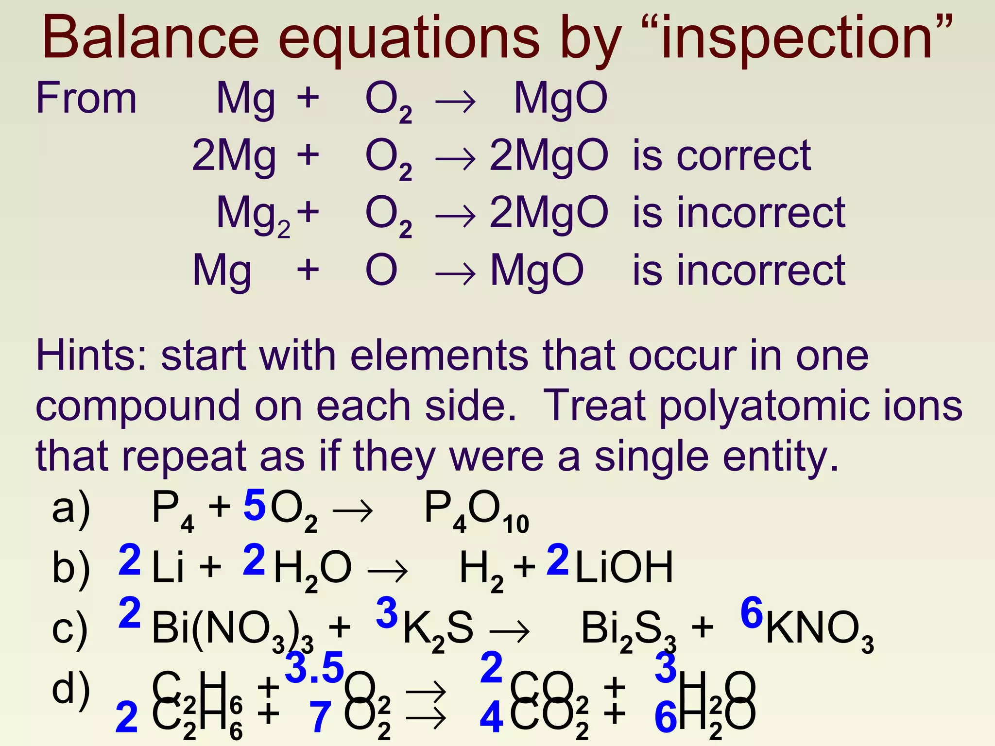 Balance equations by “inspection” Hints: start with elements that occur in one compound on each side.  Treat polyatomic ions that repeat as if they were a single entity. 5 2 3 3.5 2 7 4 6 2 2 2 2 6 3 C 2 H 6  +  O 2      CO 2  +  H 2 O a) P 4  +  O 2      P 4 O 10 b) Li +  H 2 O     H 2   +  LiOH c) Bi(NO 3 ) 3  +  K 2 S     Bi 2 S 3  +  KNO 3 d) C 2 H 6  +  O 2      CO 2  +  H 2 O From  Mg  +  O 2      MgO  2Mg  +  O 2     2MgO  is correct Mg 2 +  O 2     2MgO  is incorrect Mg  +  O    MgO  is incorrect 