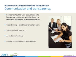 #NPProWebinar
 Someone should always be available who
knows how to interact with the donor – a
consistent message is extremely important
 Cross-training – establish a formal program
 Volunteer/Staff partners
 All-inclusive meetings
 Know your partners and your vendors
19
HOW CAN WE FIX THESE FUNDRAISING INEFFICIENCIES?
Communication and transparency.
Different image…
 