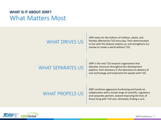 #NPProWebinar 3
What Matters Most
WHAT IS IT ABOUT JDRF?
WHAT DRIVES US
JDRF exists for the millions of children, adults, and
families affected by T1D every day. Their determination
to live with this disease inspires us, and strengthens our
resolve to create a world without T1D.
WHAT SEPARATES US
JDRF is the only T1D research organization that
allocates resources throughout the development
pipeline, from discovery in the laboratory to delivery of
new technology and treatments for people with T1D.
WHAT PROPELS US
JDRF combines aggressive fundraising and hands-on
collaboration with a broad range of scientific, regulatory
and corporate partners, toward improving the lives of
those living with T1D and, ultimately, finding a cure.
 