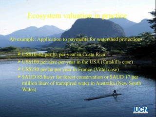 Ecosystem valuation in practice
An example: Application to payments for watershed protection
US$10-42 per ha per year in Costa Rica
US$100 per acre per year in the USA (Catskills case)
US$230 per ha per year in France (Vittel case)
$AUD 85/ha/yr for forest conservation or $AUD 17 per
million liters of transpired water in Australia (New South
Wales)
 