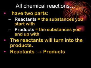 All chemical reactions… have two parts: Reactants  = the substances you start with Products  = the substances you end up with The reactants will turn into the products. Reactants  ->  Products 