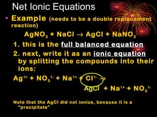 Net Ionic Equations Example  (needs to be a double replacement reaction) AgNO 3  + NaCl    AgCl + NaNO 3 1. this is the  full balanced equation 2. next, write it as an  ionic equation   by splitting the compounds into their ions: Ag 1+  + NO 3 1-  + Na 1+  + Cl 1-      AgCl   + Na 1+  + NO 3 1- Note that the AgCl did not ionize, because it is a “precipitate” 