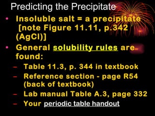 Predicting the Precipitate Insoluble salt = a precipitate  [note Figure 11.11, p.342 (AgCl)] General  solubility rules  are found:  Table 11.3, p. 344 in textbook Reference section - page R54 (back of textbook) Lab manual Table A.3, page 332 Your  periodic table handout 