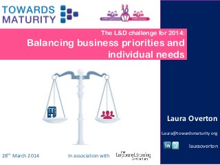 The L&D challenge for 2014:
Balancing business priorities and
individual needs
28th March 2014
Laura Overton
Laura@towardsmaturity org
lauraoverton
28th March 2014 In association with
 