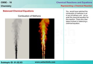 CBSE - 10                               Chemical Reactions and Equations
Chemistry                                  Representing a Chemical Reaction

  Balanced Chemical Equations                   You would have watched the
                                                combustion of methane in air
                Combustion of Methane           in any oil refinery unit. Let us
                                                write the chemical equation for
                                                this reaction. There are a few
                                                steps involved in balancing a
                                                chemical equation.




Subtopic ID: 01.02.03
 