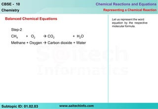 CBSE - 10                                        Chemical Reactions and Equations
Chemistry                                           Representing a Chemical Reaction

  Balanced Chemical Equations                            Let us represent the word
                                                         equation by the respective
                                                         molecular formula.
     Step-2
     CH4      + O2       CO2         + H2O
     Methane + Oxygen  Carbon dioxide + Water




Subtopic ID: 01.02.03
 