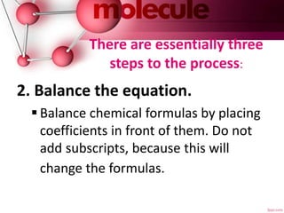 There are essentially three
steps to the process:
2. Balance the equation.
 Balance chemical formulas by placing
coefficients in front of them. Do not
add subscripts, because this will
change the formulas.
 