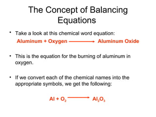The Concept of Balancing Equations  Take a look at this chemical word equation:   Aluminum + Oxygen  Aluminum Oxide This is the equation for the burning of aluminum in oxygen.  If we convert each of the chemical names into the appropriate symbols, we get the following:  Al + O 2   Al 2 O 3   