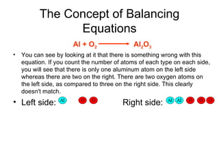The Concept of Balancing Equations Al + O 2   Al 2 O 3 You can see by looking at it that there is something wrong with this equation. If you count the number of atoms of each type on each side, you will see that there is only one aluminum atom on the left side whereas there are two on the right. There are two oxygen atoms on the left side, as compared to three on the right side. This clearly doesn't match.  Left side:                Right side:  