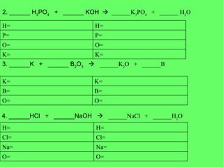2. ______ H 3 PO 4   +  ______ KOH     ______K 3 PO 4   +  ______ H 2 O 3. ______K  +  ______ B 2 O 3      ______K 2 O  +  ______B  4. ______HCl  +  ______NaOH     ______NaCl  +  ______H 2 O K= K= O= O= P= P= H=  H=  O= O= B= B= K= K= O= O= Na= Na= Cl= Cl= H=  H=  