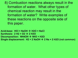 8) Combustion reactions always result in the formation of water.  What other types of chemical reaction may result in the formation of water?  Write examples of these reactions on the opposite side of this paper. Acid-base:  HCl + NaOH    H2O + NaCl Synthesis:  2 H2 + O2    2 H2O Decomposition:  NH4OH    NH3 + H2O Single displacement:  H2 + 2 NaOH    2 Na + 2 H2O (not common) 