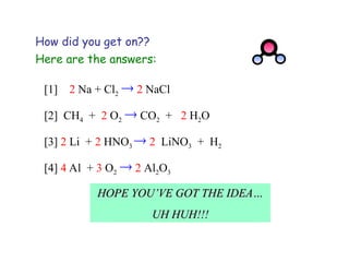 How did you get on??
[1] 2 Na + Cl2  2 NaCl
[2] CH4 + 2 O2  CO2 + 2 H2O
[4] 4 Al + 3 O2  2 Al2O3
[3] 2 Li + 2 HNO3  2 LiNO3 + H2
Here are the answers:
HOPE YOU’VE GOT THE IDEA…
HOPE YOU’VE GOT THE IDEA…
UH HUH!!!
UH HUH!!!
 