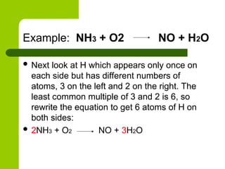 Example: NH3 + O2 NO + H2O
 Next look at H which appears only once on
each side but has different numbers of
atoms, 3 on the left and 2 on the right. The
least common multiple of 3 and 2 is 6, so
rewrite the equation to get 6 atoms of H on
both sides:
 2NH3 + O2 NO + 3H2O
 