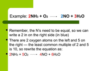 Example: 2NH3 + O2 2NO + 3H2O
 Remember, the N’s need to be equal, so we can
write a 2 in on the right side (in blue)
 There are 2 oxygen atoms on the left and 5 on
the right — the least common multiple of 2 and 5
is 10, so rewrite the equation as:
 2NH3 + 5O2 4NO + 6H2O
 