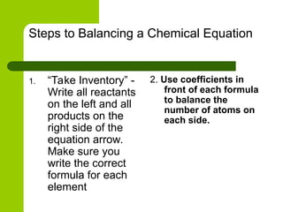 Steps to Balancing a Chemical Equation
1. “Take Inventory” -
Write all reactants
on the left and all
products on the
right side of the
equation arrow.
Make sure you
write the correct
formula for each
element
2. Use coefficients in
front of each formula
to balance the
number of atoms on
each side.
 