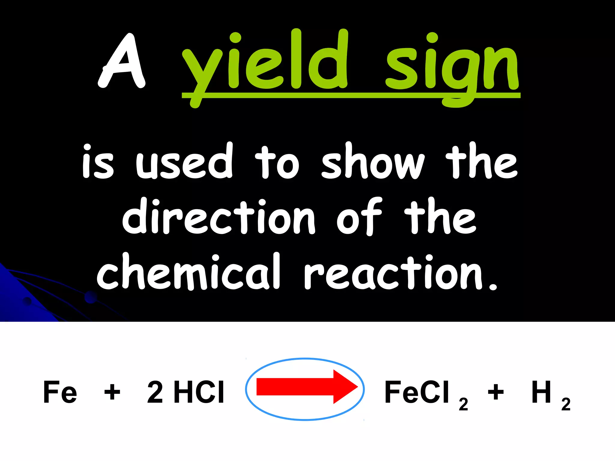 A yield sign
Fe + 2 HCl FeCl 2 + H 2
is used to show the
direction of the
chemical reaction.
 
