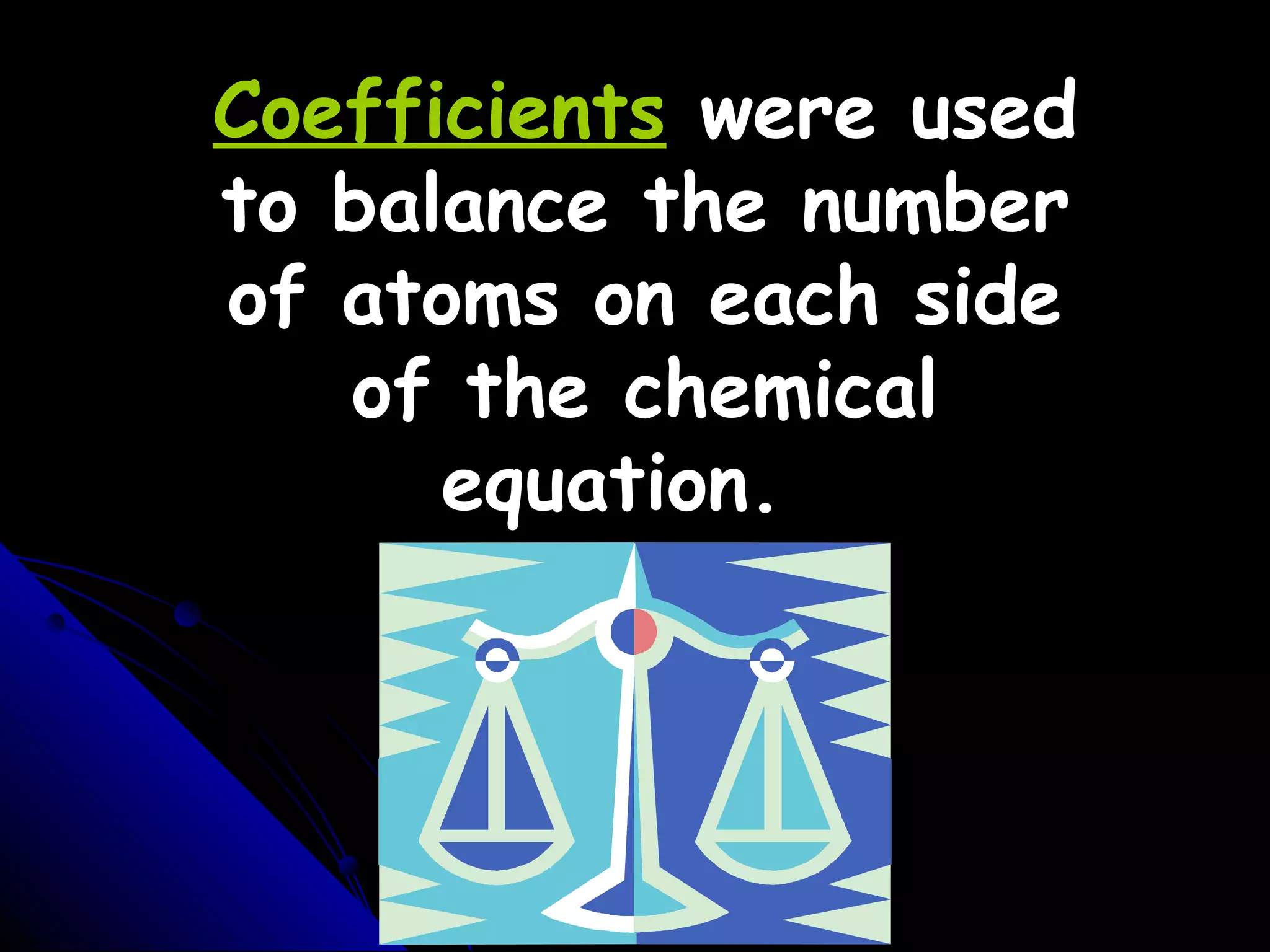Coefficients were used
to balance the number
of atoms on each side
of the chemical
equation.
 
