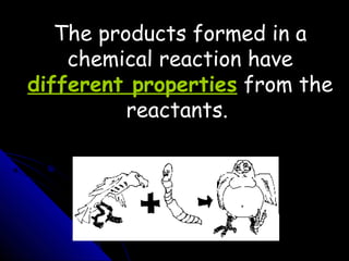 The products formed in a
chemical reaction have
different properties from the
reactants.
 