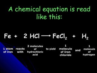 A chemical equation is read
like this:
1 atom
of iron
reacts
with
2 molecules
of
hydrochloric
acid
to yield
1
molecule
of Iron
chloride
and
1
molecule
of
hydrogen
Fe + 2 HCl FeCl2 + H2
 