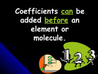 Coefficients can be
added before an
element or
molecule.
 