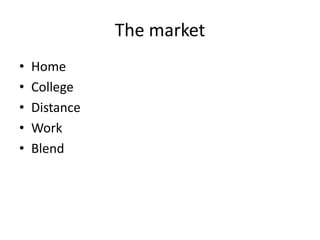 The market
•   Home
•   College
•   Distance
•   Work
•   Blend
 
