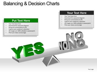 Balancing & Decision Charts
                                                          Your Text Here
                                                  •   Your Text Goes here
                                                  •   Download this awesome diagram
                                                  •   Bring your presentation to life
          Put Text Here                           •   Capture your audience’s attention
 •   Your Text Goes here                          •   All images are 100% editable in powerpoint
 •   Download this awesome diagram                •   Pitch your ideas convincingly
 •   Bring your presentation to life
 •   Capture your audience’s attention
 •   All images are 100% editable in powerpoint
 •   Pitch your ideas convincingly




                                                                                           Your Logo
 