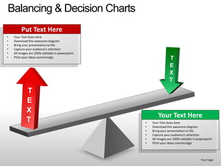Balancing & Decision Charts
         Put Text Here
•   Your Text Goes here
•   Download this awesome diagram
•   Bring your presentation to life
•   Capture your audience’s attention
•   All images are 100% editable in powerpoint
•   Pitch your ideas convincingly




                                                         Your Text Here
                                                 •   Your Text Goes here
                                                 •   Download this awesome diagram
                                                 •   Bring your presentation to life
                                                 •   Capture your audience’s attention
                                                 •   All images are 100% editable in powerpoint
                                                 •   Pitch your ideas convincingly



                                                                                       Your Logo
 