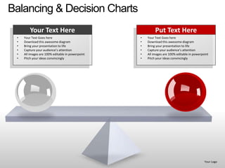 Balancing & Decision Charts
         Your Text Here                                    Put Text Here
 •   Your Text Goes here                          •   Your Text Goes here
 •   Download this awesome diagram                •   Download this awesome diagram
 •   Bring your presentation to life              •   Bring your presentation to life
 •   Capture your audience’s attention            •   Capture your audience’s attention
 •   All images are 100% editable in powerpoint   •   All images are 100% editable in powerpoint
 •   Pitch your ideas convincingly                •   Pitch your ideas convincingly




                                                                                             Your Logo
 