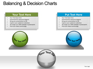 Balancing & Decision Charts

         Your Text Here                                    Put Text Here
 •   Your Text Goes here                          •   Your Text Goes here
 •   Download this awesome diagram                •   Download this awesome diagram
 •   Bring your presentation to life              •   Bring your presentation to life
 •   Capture your audience’s attention            •   Capture your audience’s attention
 •   All images are 100% editable in powerpoint   •   All images are 100% editable in powerpoint
 •   Pitch your ideas convincingly                •   Pitch your ideas convincingly




                                                                                           Your Logo
 