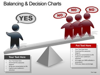 Balancing & Decision Charts




                                           Put Text Here
                                       •   Your Text Goes here
                                       •   Download this awesome
                                           diagram
                                       •   Bring your presentation to life
                                       •
     Your Text Here                        Capture your audience’s
                                           attention
 •   Your Text Goes here               •   All images are 100% editable in
 •   Download this awesome                 powerpoint
     diagram                           •   Pitch your ideas convincingly
 •   Bring your presentation to life
 •   Capture your audience’s
     attention
                                                                    Your Logo
 