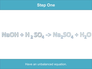 Step OneNaOH + H2 SO4-> Na2SO4+ H2OHave an unbalanced equation.