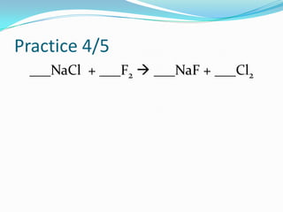 Practice 4/5
 ___NaCl + ___F2  ___NaF + ___Cl2
 