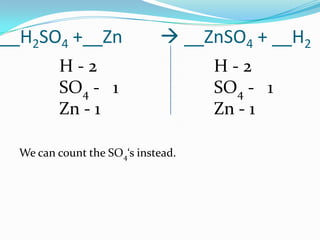 __H2SO4 +__Zn                 __ZnSO4 + __H2
         H-2                        H-2
         SO4 - 1                    SO4 - 1
         Zn - 1                     Zn - 1

  We can count the SO4‘s instead.
 