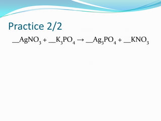 Practice 2/2
__AgNO3 + __K3PO4 → __Ag3PO4 + __KNO3
 