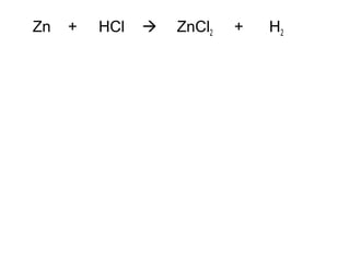 Zn

+

HCl



ZnCl2

+

H2

 
