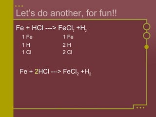 Let’s do another, for fun!!
Fe + HCl ---> FeCl2 +H2
1 Fe
1H
1 Cl

1 Fe
2H
2 Cl

Fe + 2HCl ---> FeCl2 +H2

 