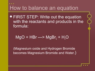 How to balance an equation
 FIRST

STEP: Write out the equation
with the reactants and products in the
formula:
MgO + HBr ---> MgBr2 + H2O
(Magnesium oxide and Hydrogen Bromide
becomes Magnesium Bromide and Water.)

 