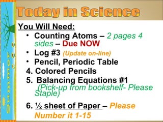 You Will Need:
  • Counting Atoms – 2 pages 4
     sides – Due NOW
  • Log #3 (Update on-line)
  • Pencil, Periodic Table
  4. Colored Pencils
  5. Balancing Equations #1
      (Pick-up from bookshelf- Please
     Staple)
  6. ½ sheet of Paper – Please
     Number it 1-15
 